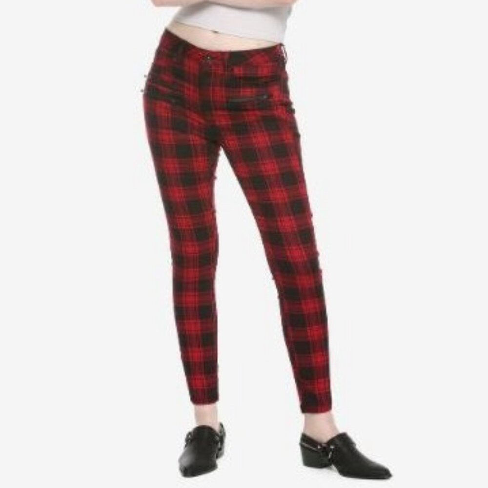 Hot Topic HT Denim Super Skinny Pants High Rise Size 1 Red Black Plaid Cotton Bl